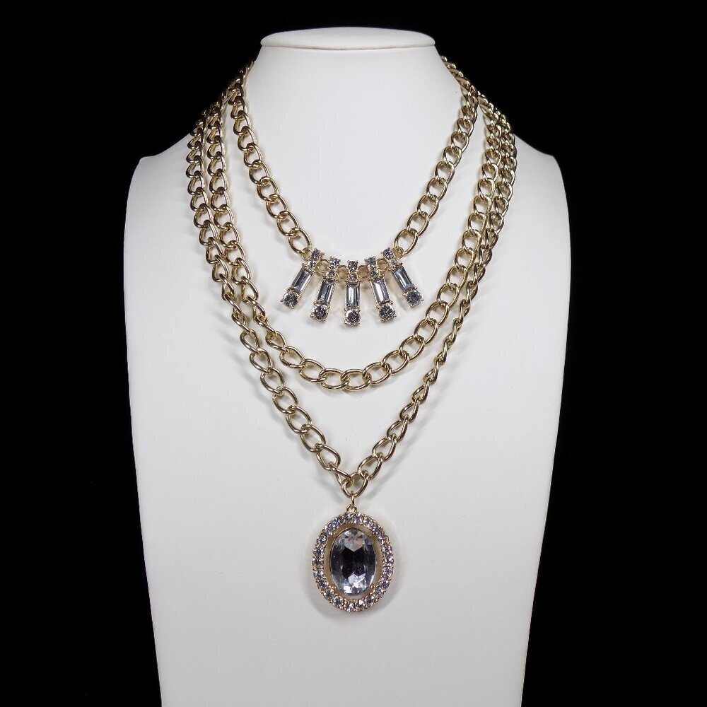 Vintage Juicy Couture Chunky Necklace 3 Row Clear Crystals Gold-tone Y2K Rare